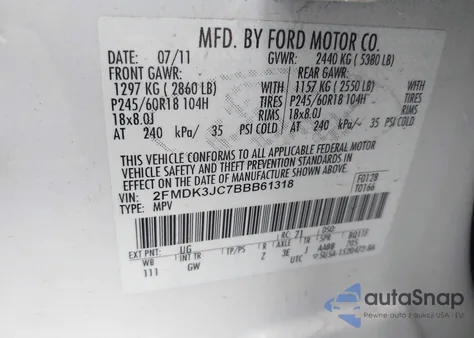 2011 Ford Edge Sel из США, поврежденный, VIN 2FMDK3JC7BBB61318